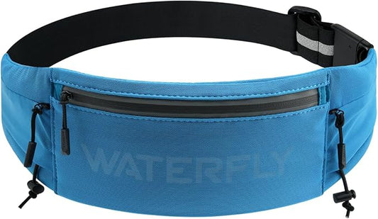 WATERFLY Running Belt Fanny Pack: Breathable 3 Pocket Waist Bag for Men Women Workout Exercise Fitness Phone Holder Fits All Phones - Runner Marathon Jogging Race Belt with Bib Clip Blue
