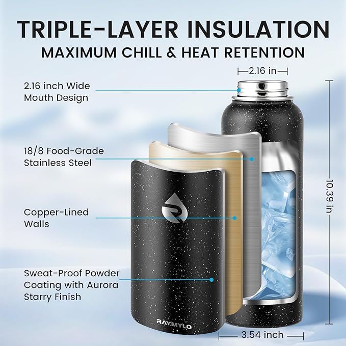 40oz Insulated Water Bottle, Triple Wall Vacuum Stainless Steel Water Bottles - Keeps Cold 48H, Reusable Metal water flask Jug for Gym, Sports, Camping, Hiking,Travel, Starry Sky-Black