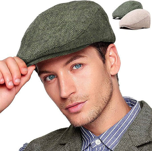 LADYBRO 2Pack Adjustable Newsboy Hats for Men Flat Cap Irish Cabbie Wool Blend Tweed