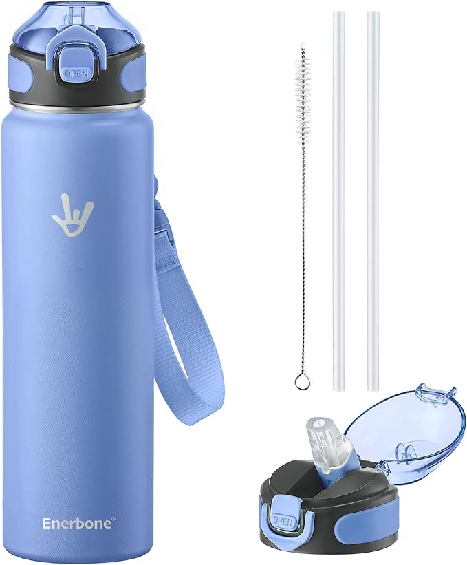 Enerbone 32 oz Insulated Water Bottle, Stainless Steel Bottle with Carrying Strap, Double-Wall Vacuum Insulation Design, Leakproof Sports Bottle with Straw, Keep Drinks Cold or Hot for Hours