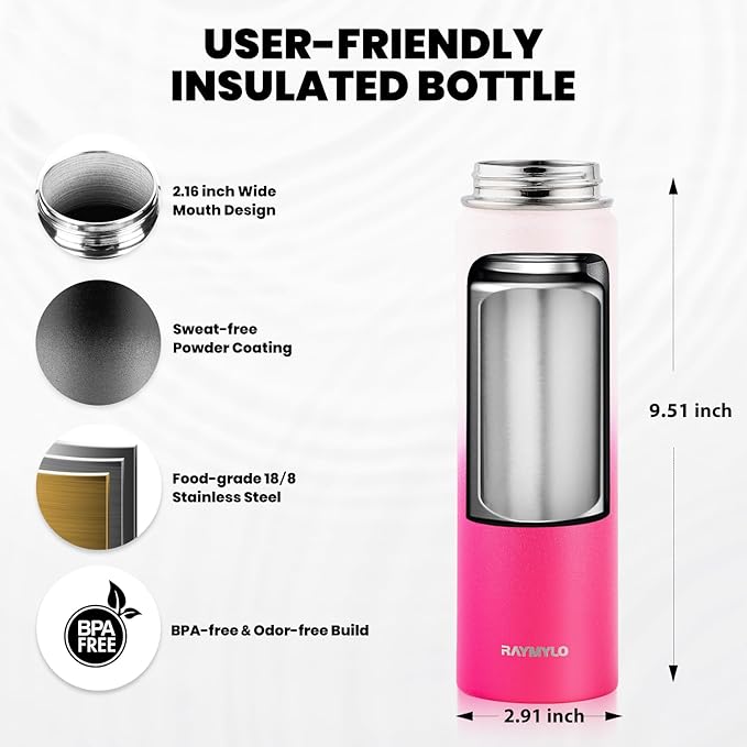 Insulated Water Bottle 20 oz, Triple Wall Vacuum Stainless Steel (Cold for 48 Hrs), Leak Proof & Non-BPA, Kids Water Bottle Jug for School with Straw Spout Lids, Ombre Pink