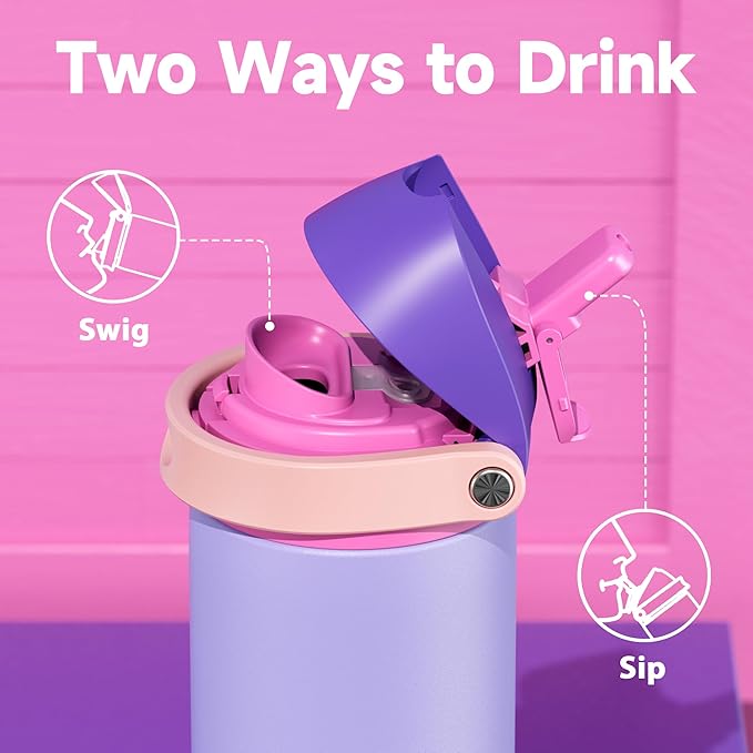 24 oz Insulated Water Bottle for Women: Meoky Stainless Steel Metal Water Bottle with 2-in-1 Straw and Spout Lid - Leak Proof, Cold for 24 Hours, Protective Silicone Base, BPA-Free for School, Orchid