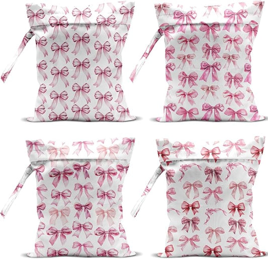 4 Pack Cute Pink Bow Watercolor Bow Wet Bag Waterproof Reusable Wet Dry Bag for Swimsuit Dirty Clothes Diaper Beach Pool Party Camping Gift for Women Mom Thanksgiving Valentine Christmas