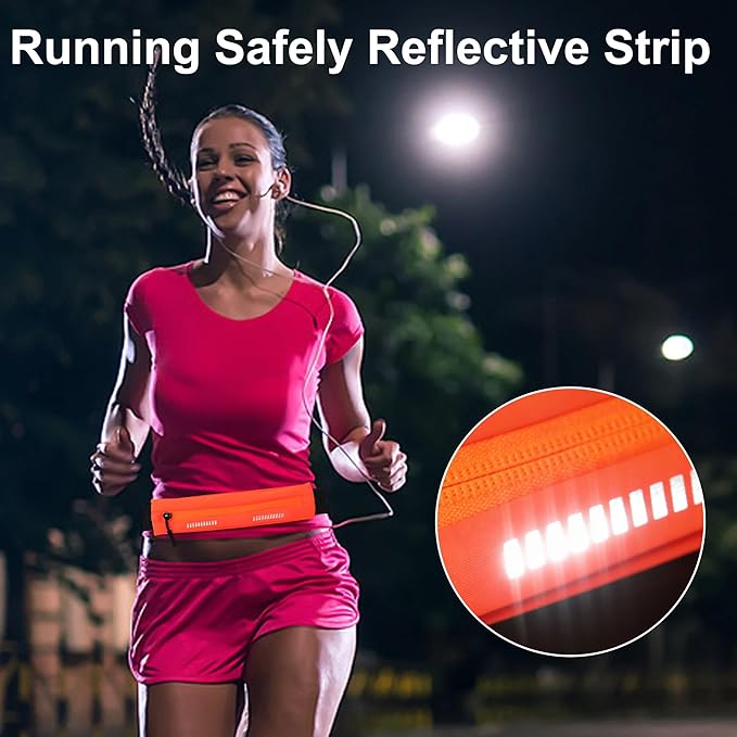 Slim Running Belt For Men and Women Waist Fanny Pack Phone Holder Pouch Bag Reflective Zipper Pocket Workout Cycling Fitness Orange