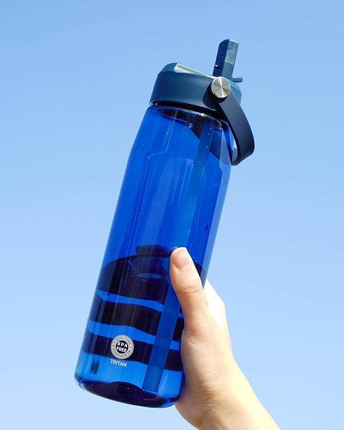OLDLEY 32 oz Water Bottle with Straw, Leakproof Sports Water Bottle with Carry Strap, BPA-Free Large Water Bottles for Home,Travel, School, Outdoors, Gym, Tritan, Navy Blue