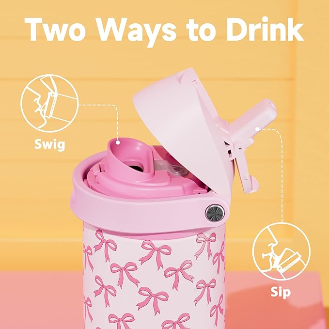 24 oz Insulated Water Bottle for Women: Meoky Stainless Steel Metal Water Bottle with 2-in-1 Straw and Spout Lid - Leak Proof, Cold for 24 Hours, Protective Silicone Base, BPA-Free for School, Bow