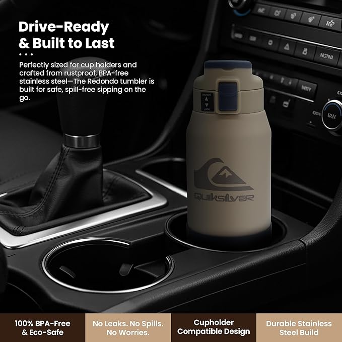 Quiksilver Redondo 21oz Double Wall Stainless Steel Water Bottle, Reusable Sports Bottle with Leak-Proof Lid, Non-Slip Rubber Base, Carrier Handle, insulated Tumblers, 24H Hot & Cold Beverage