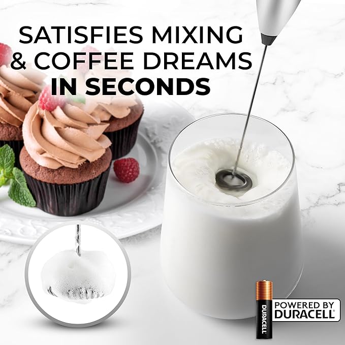 Zulay Kitchen Handheld Milk Frother with Duracell AA Batteries – Ultra Fast Electric Mixer & Foam Maker, Easy-Clean Drink Mixer for Coffee & More