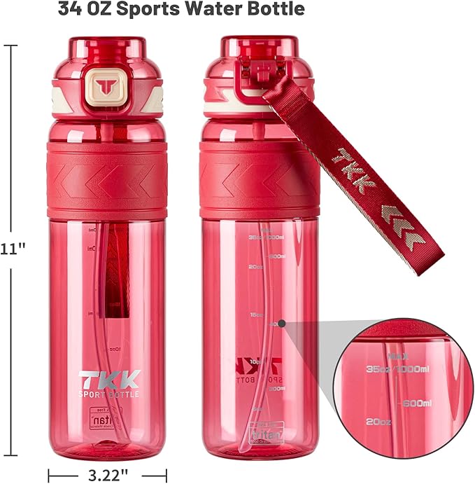 TKK Sports Water Bottles with Removable Straw 34 oz Leak-proof Flip Top Lid BPA Free Tritan Bottles with Strap for School, Fitness, Gym, Outdoor, Red