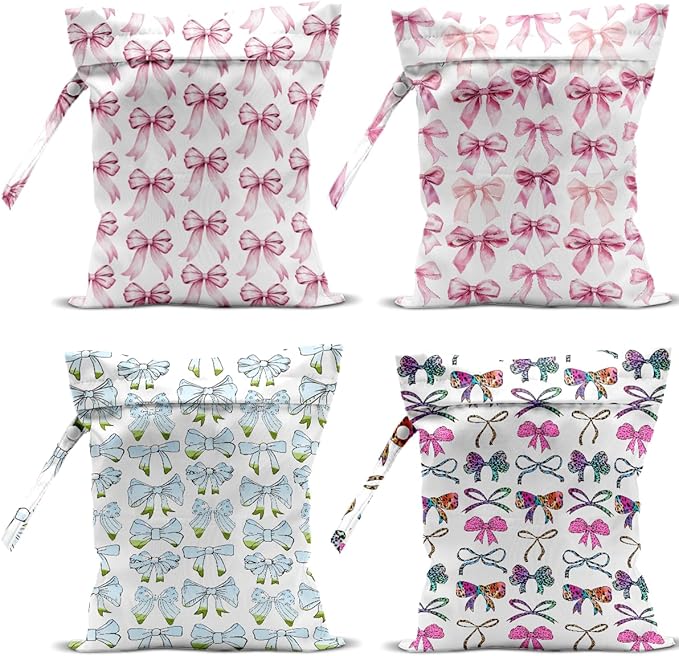 4 Pack Cute Pink Blue Bow Watercolor Leopard Bow Wet Bag Waterproof Reusable Wet Dry Bag for Swimsuit Dirty Clothes Diaper Beach Pool Gym Party Camping Toiletries Gift for Women Mom Birthday Christmas