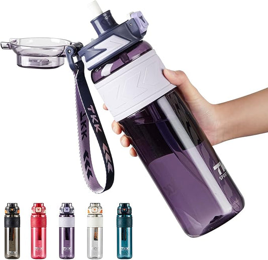 TKK Sports Water Bottles with Removable Straw 34 oz Leak-proof Flip Top Lid BPA Free Tritan Bottles with Strap for School, Fitness, Gym, Outdoor, Purple