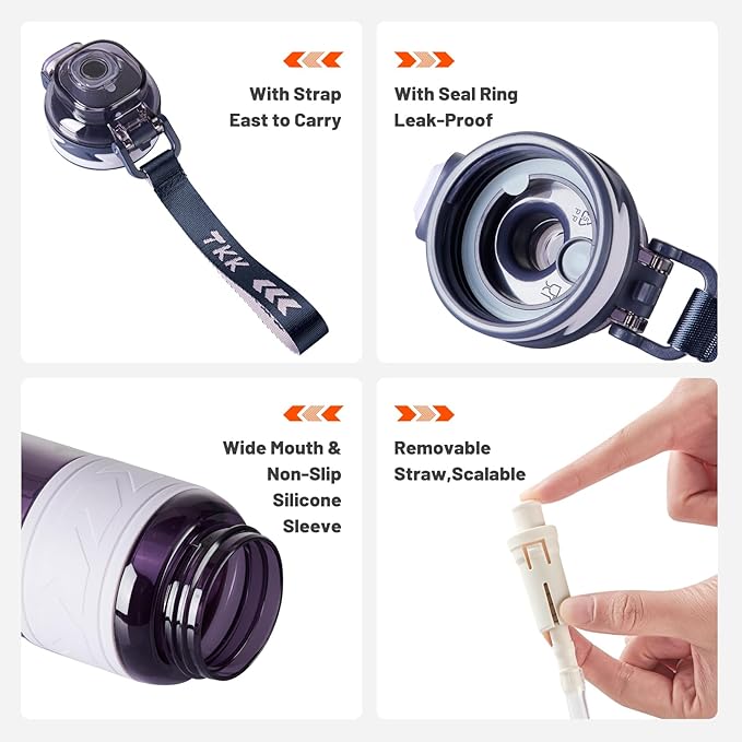 TKK Sports Water Bottles with Removable Straw 34 oz Leak-proof Flip Top Lid BPA Free Tritan Bottles with Strap for School, Fitness, Gym, Outdoor, Purple