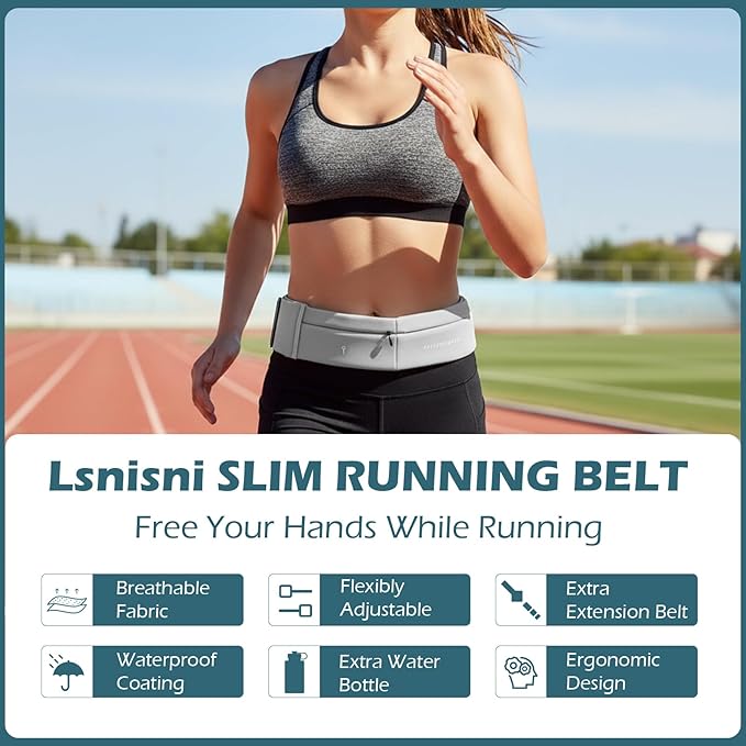 Lsnisni Slim Running Belt for Men and Women, Running Waist Pack with Water Bottle & Towel, Multi Pocket Fanny Pack - Phone Holder, Adjustable for Running, Climbing - Medium - Grey
