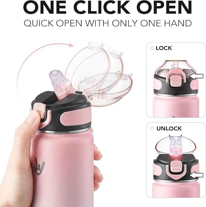 Enerbone 24 oz Insulated Water Bottle, 24oz 2 Lids (with Straw/No Straw), Stainless Steel Double Wall Flask for Hot & Cold Drinks, Leakproof Travel Bottle for Gym, Office, Hiking