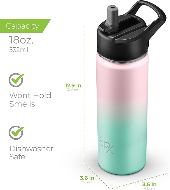 SipX™ 18 oz Insulated Water Bottle with 3 Lids – Leakproof Stainless Steel, Triple Insulated – Cold 24 Hours/Hot 12 Hours – Durable Bottle for School, Gym, Travel – Gradient Mint Pink