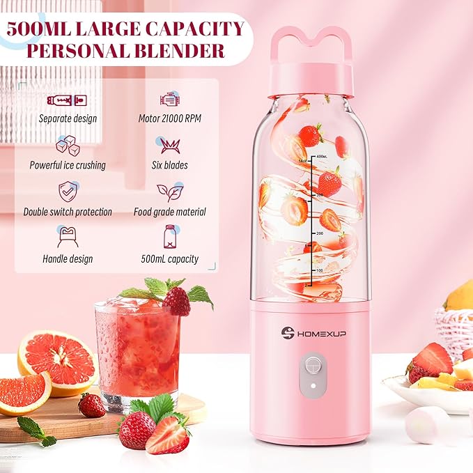 2PCS Portable Personal Blender 17 OZ/500 ML Juicer, 175W Personal Size Blender, Ideal for Smoothies, Ice Blending, Juicing, and Food Processing, Compact, Convenient, and Versatile (Pink&White)