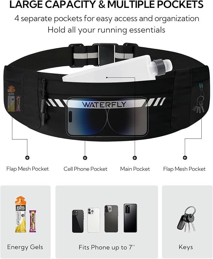 WATERFLY Running Belt Fanny Pack: Slim Breathable 4 Pocket Waist Bag for Men Women Sport Workout Exercise Fitness Phone Holder - Runner Marathon Jogging Waistband Fits ALL Phones Black