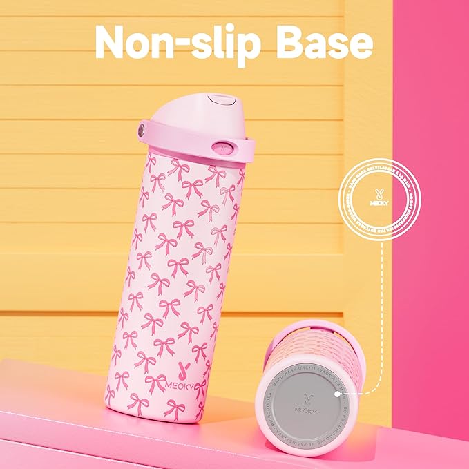 24 oz Insulated Water Bottle for Women: Meoky Stainless Steel Metal Water Bottle with 2-in-1 Straw and Spout Lid - Leak Proof, Cold for 24 Hours, Protective Silicone Base, BPA-Free for School, Bow