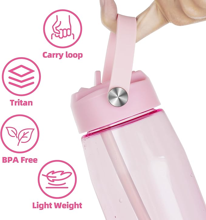 OLDLEY 32 oz Water Bottle with Straw, Leakproof Sports Water Bottle with Carry Strap, BPA-Free Large Water Bottles for Home,Travel, School, Outdoors, Gym, Tritan,Pink