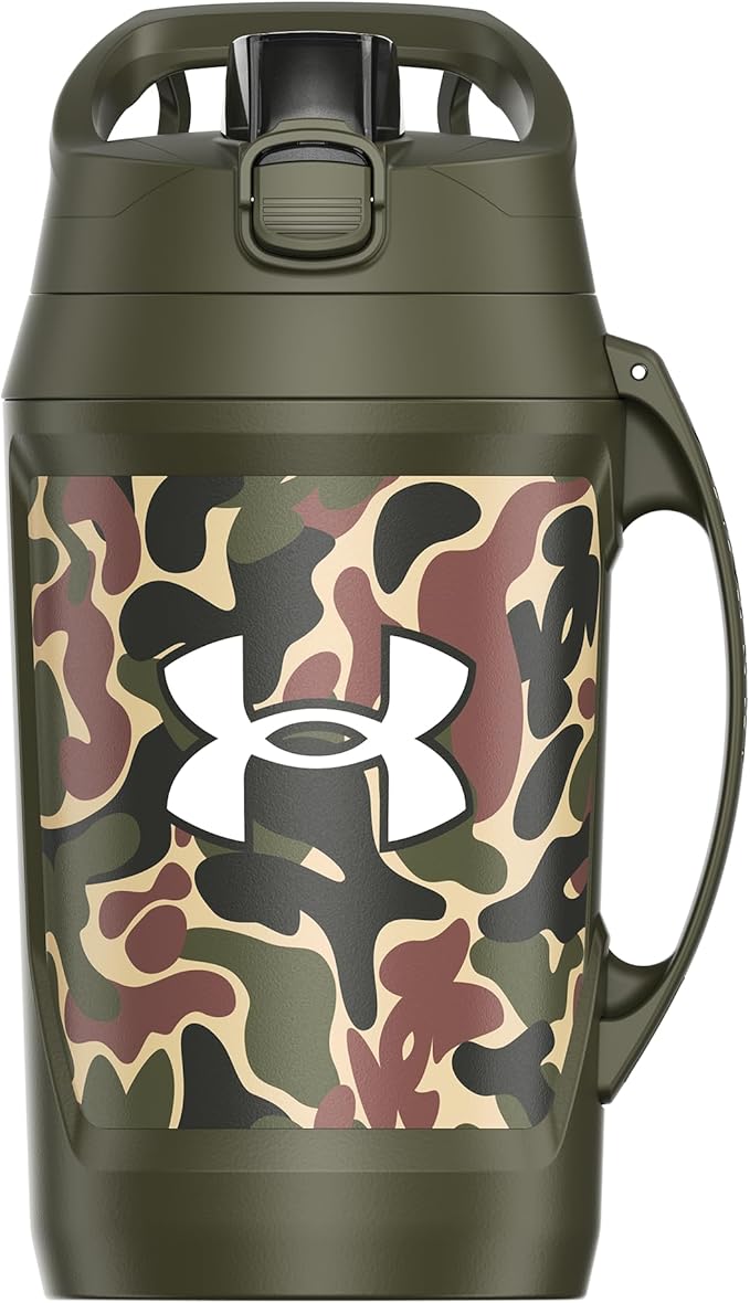 Under Armour Half Gallon Water Bottle Insulated, 64oz Insulated Water Bottle with Handle, Fence Hook, Leak Resistant, for Baseball, Football & More, Green Hyper Camo