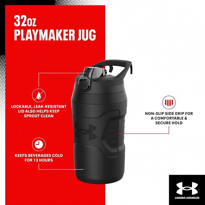 Under Armour 32 oz Insulated Water Bottles - Sports Water Jug with Fence Hook, Leak Resistant for Baseball, Football & More, 32 oz Insulated, White/Black
