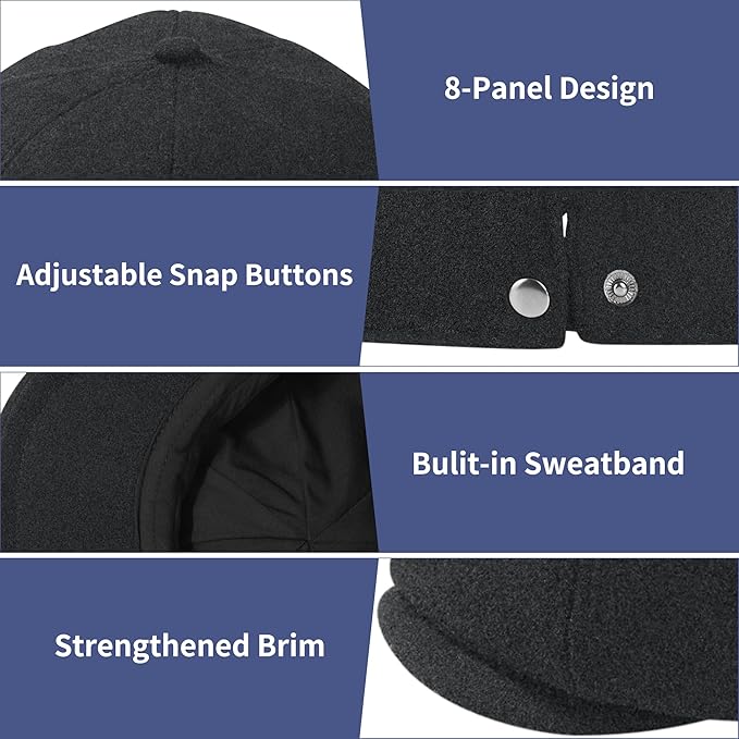 Men's Wool Blend Newsboy Cap Adjustable Gatsby Ivy Newsies Cabbie Hat Classic 8 Panel Tweed Flat Winter Hat