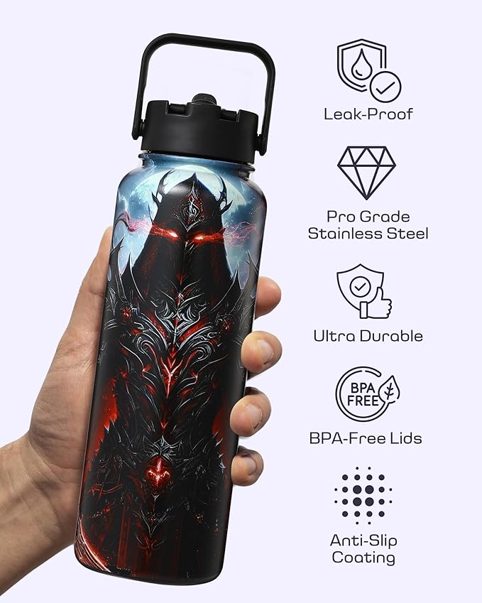 Insulated Water Bottle 40 oz –Hot and Cold Coffee Travel Drinks, Leakproof Sports Gaming & Gym Bottles, Large and Small Reusable Stainless Steel Flask with Straw – Blood Revenant