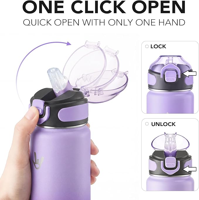 Enerbone 24 oz Insulated Water Bottle, 24oz 2 Lids (with Straw/No Straw), Stainless Steel Double Wall Flask for Hot & Cold Drinks, Leakproof Travel Bottle for Gym, Office, Hiking