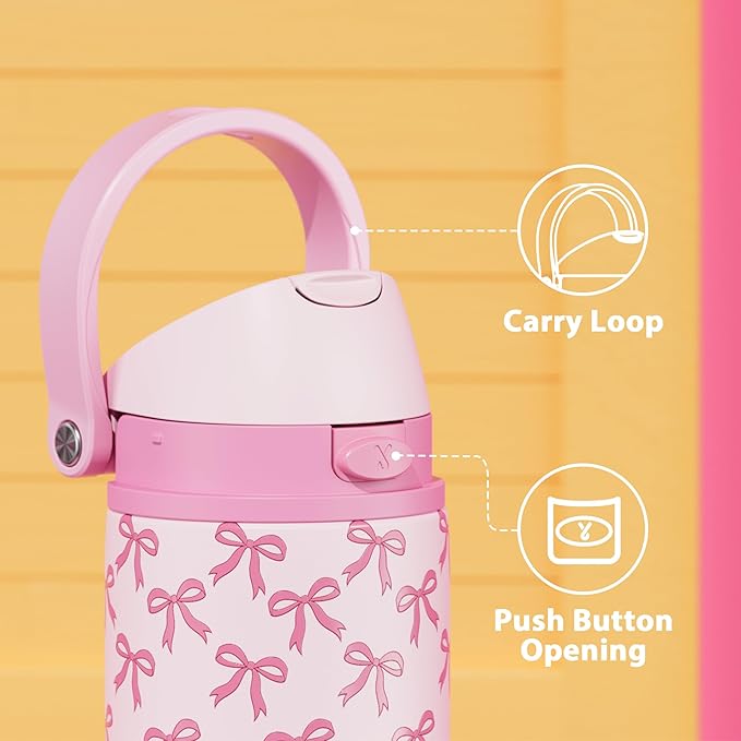 24 oz Insulated Water Bottle for Women: Meoky Stainless Steel Metal Water Bottle with 2-in-1 Straw and Spout Lid - Leak Proof, Cold for 24 Hours, Protective Silicone Base, BPA-Free for School, Bow