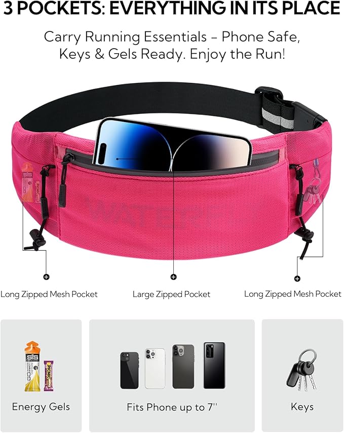 WATERFLY Running Belt Fanny Pack: Breathable 3 Pocket Waist Bag for Men Women Workout Exercise Fitness Phone Holder Fits All Phones - Runner Marathon Jogging Race Belt with Bib Clip Pink