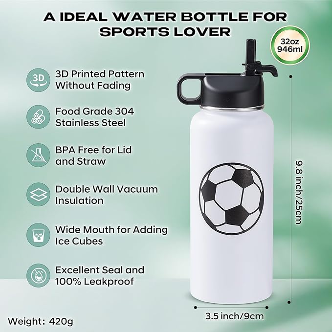 Soccer Water Bottles for Boys 32 oz and 100 PCS Soccer Stickers Sports Insulated Stainless Steel Water Bottle Accessories Stuff Gear Gifts For 8-12 12-14 Player