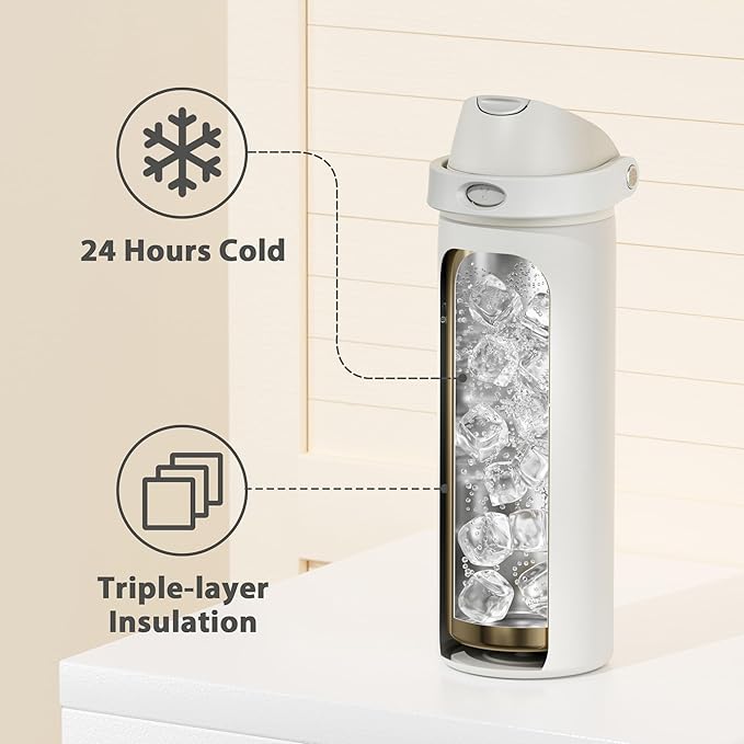 24 oz Insulated Water Bottle with Straw: Meoky Stainless Steel Metal Water Bottle with 2-in-1 Lid - Leak Proof, Cold for 24 Hours, Protective Silicone Base, BPA-Free for Sports Travel Car, Ivory