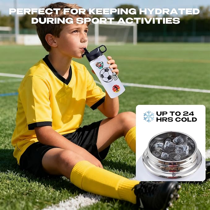 Soccer Water Bottles for Boys 18 oz and 100 PCS Soccer Stickers Sports Insulated Stainless Steel Water Bottle Accessories Stuff Gear Gifts For 8-12 12-14 Player