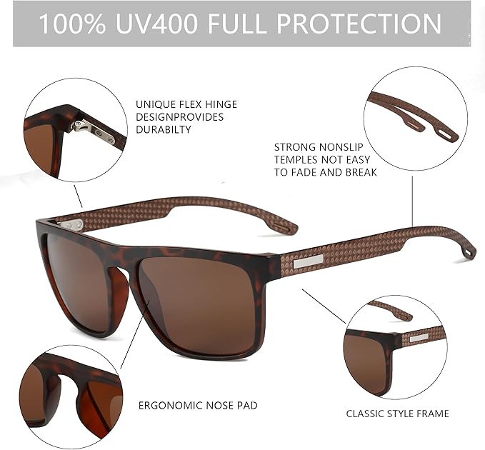 ZENOTTIC Polarized Sunglasses Men Square: Unbreakable TR90 Frame Carbon Fiber Temple UV400 Protection Sun Glasses for Driving