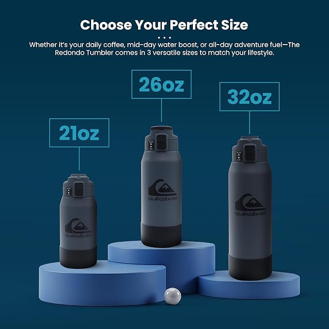 Quiksilver Redondo 21oz Double Wall Stainless Steel Water Bottle, Reusable Sports Bottle with Leak-Proof Lid, Non-Slip Rubber Base, Carrier Handle, insulated Tumblers, 24H Hot & Cold Beverage
