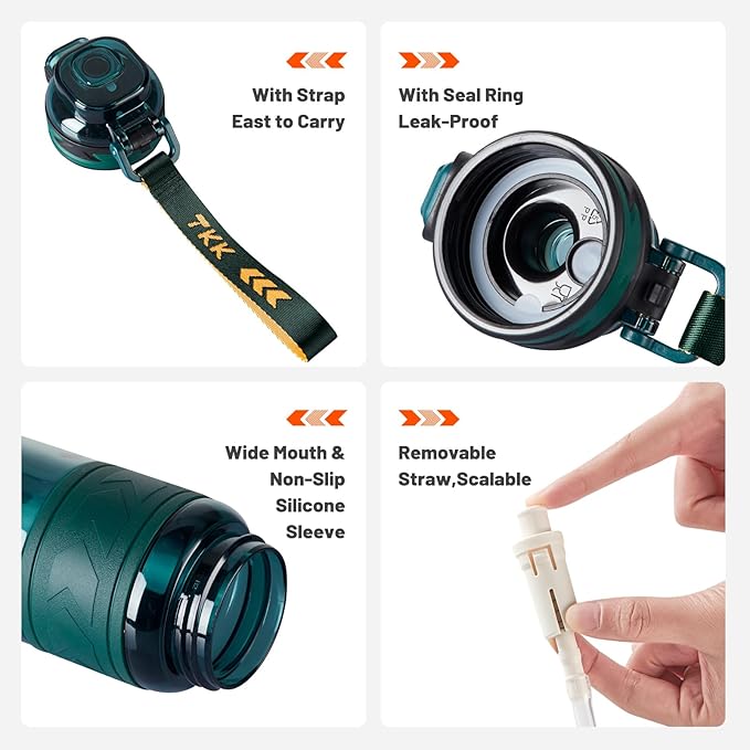 TKK Sports Water Bottles with Removable Straw 34 oz Leak-proof Flip Top Lid BPA Free Tritan Bottles with Strap for School, Fitness, Gym, Outdoor, Green