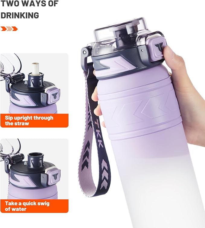 TKK Sports Water Bottles with Removable Straw 34 oz Leak-proof Flip Top Lid BPA Free Tritan Bottles with Strap for School, Fitness, Gym, Outdoor, Purple-White