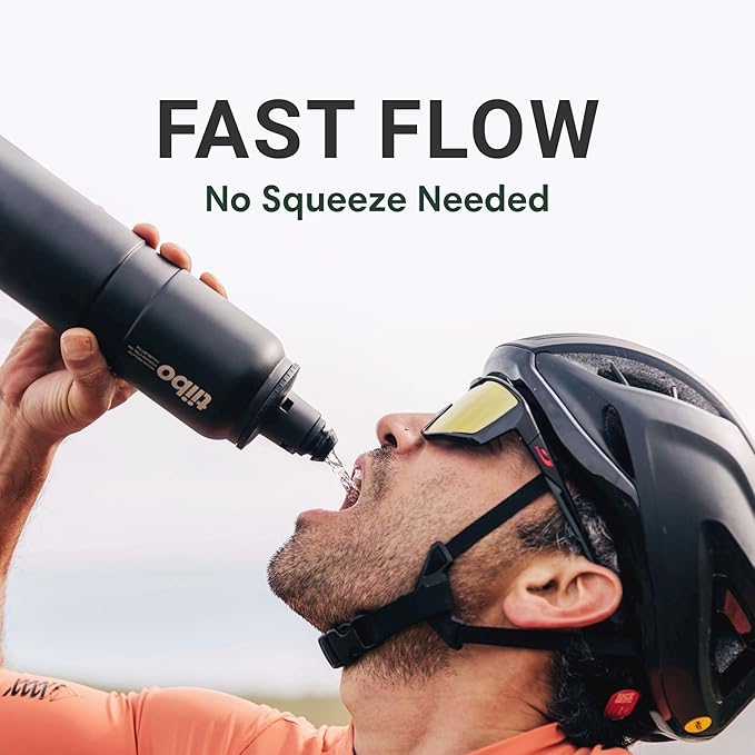 tiibo Vacuum Insulated Stainless Steel Bike Water Bottle, Double Wall, No-Squeeze, Fast Flow Sport Nozzle, Designed for Cycling, Biking, Fitness & Sports, Fits Most Bike Cages (Black, 17OZ)