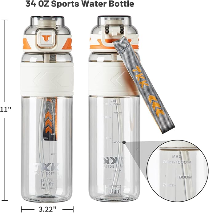 TKK Sports Water Bottles with Removable Straw 34 oz Leak-proof Flip Top Lid BPA Free Tritan Bottles with Strap for School, Fitness, Gym, Outdoor, White
