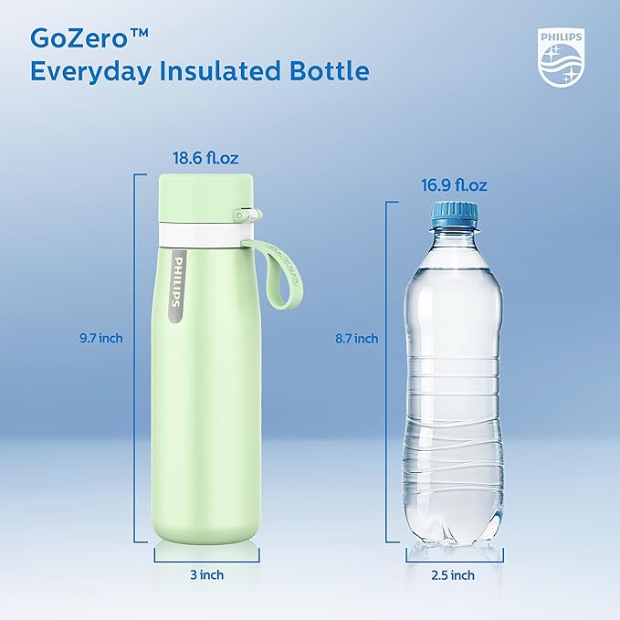 PHILIPS Water Bottle with Filter, Filter Water Bottle Stainless Steel with GoZero Everyday BPA-Free Tap Water Filter, Water Filter Bottle Keep Drink Cold 24 Hours, 1 Filter for 40 gal / 2 Months