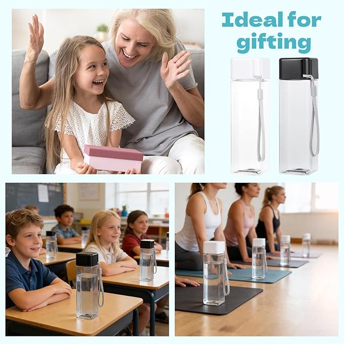 16 PCS Plastic Water Bottle Bulk 15oz Reusable Sports Water Bottle with Handle Strap, Leakproof Lightweight Portable Waterbottle for School Gym Fitness Travel (Black&White, Rectangle)