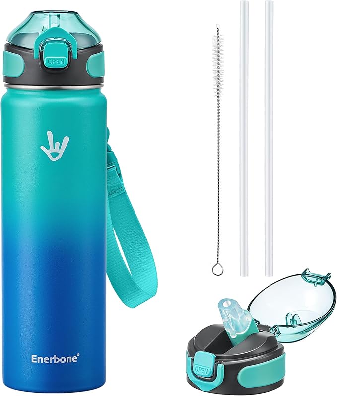 Enerbone 24 oz Insulated Water Bottle, Stainless Steel Bottle with Carrying Strap, Double-Wall Vacuum Insulation Design, Leakproof Sports Bottle with Straw, Keep Drinks Cold or Hot for Hours