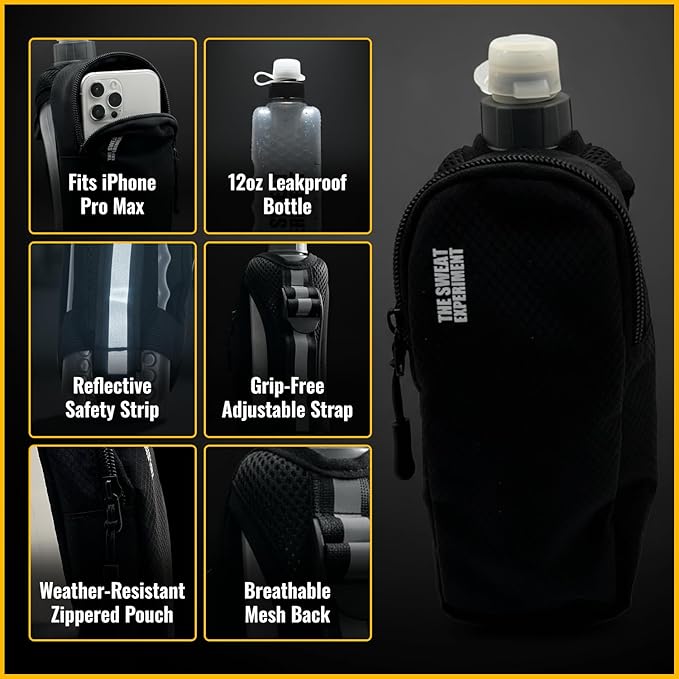 Handheld Running Water Bottle with Large Phone Holder – 12oz Grip-Free Hydration Flask with Pocket for Cards & Keys – Adjustable Strap for Walking, Running, Hiking, Marathons