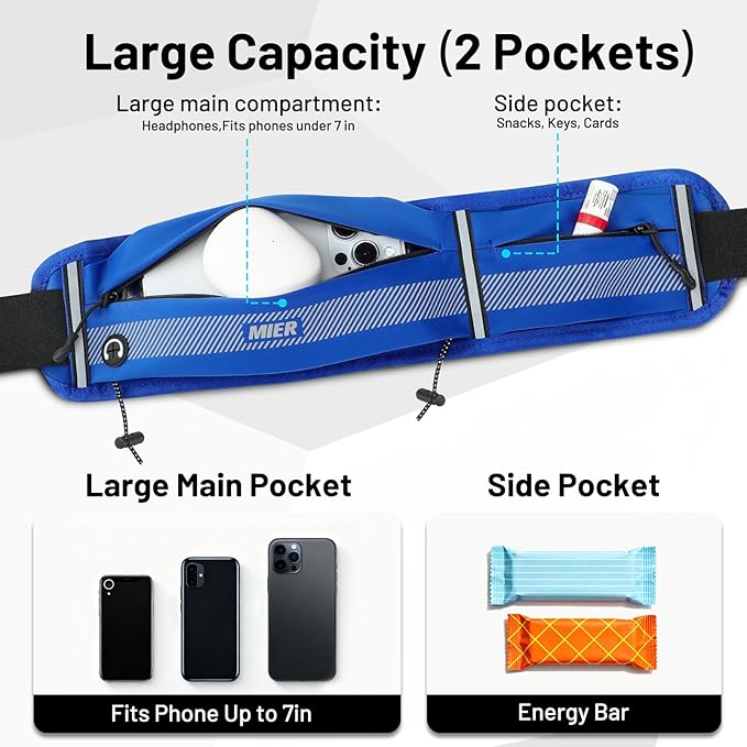 MIER Running Belt for Men Women Slim Fanny Pack Phone Holder Jogging Pouch with Marathon Bib Clip Runner Waist Pack for Walking Cycling for Keys, Cards & Essentials (Navy)
