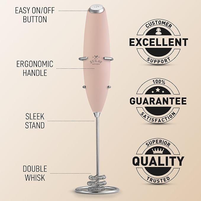 Zulay Kitchen Tornado Whisk Milk Frother with 4 AA Duracell Batteries - Triple Whisk for More Power - Handheld Coffee Frother with Stand - Drink Mixer for Lattes, Matcha & Protein Shakes