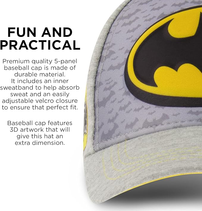 DC Comics Boys Baseball Cap, Batman Adjustable Toddler Hat, Ages 2-4 Or Boy Hats For Kids Ages 4-7