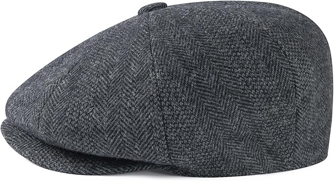Men Wool Blend 8 Panel Newsboy Cap Tweed Cabbie Hat Snap Brim