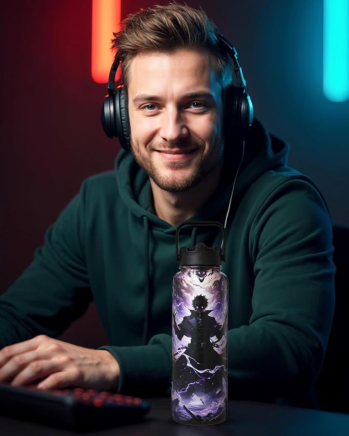 Insulated Water Bottle 40 oz –Hot and Cold Coffee Travel Drinks, Leakproof Sports Gaming & Gym Bottles, Large and Small Reusable Stainless Steel Flask with Straw – Dark Realm Awakening