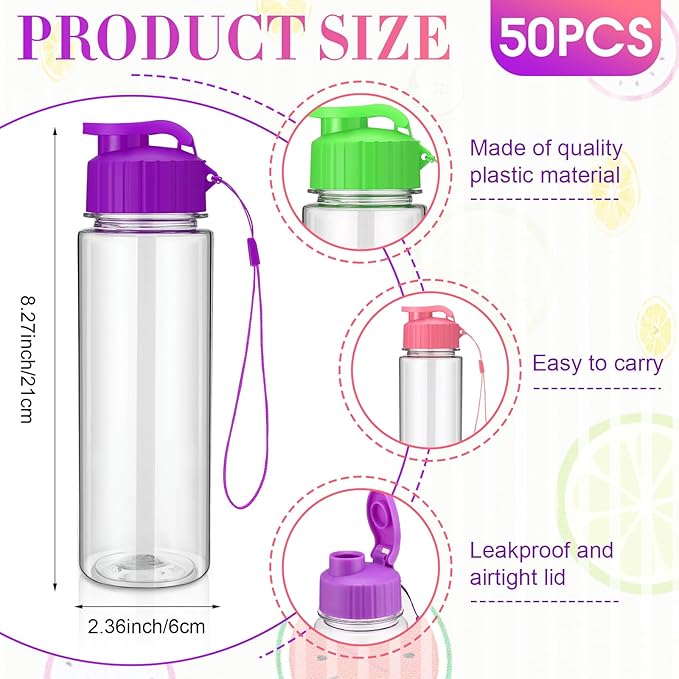 Domensi 50 Pieces Plastic Water Bottle Bulk 17 oz Sports Adults Reusable Large Water Bottles with Leak Proof Flip Top for Adults Fitness(Multicolor)