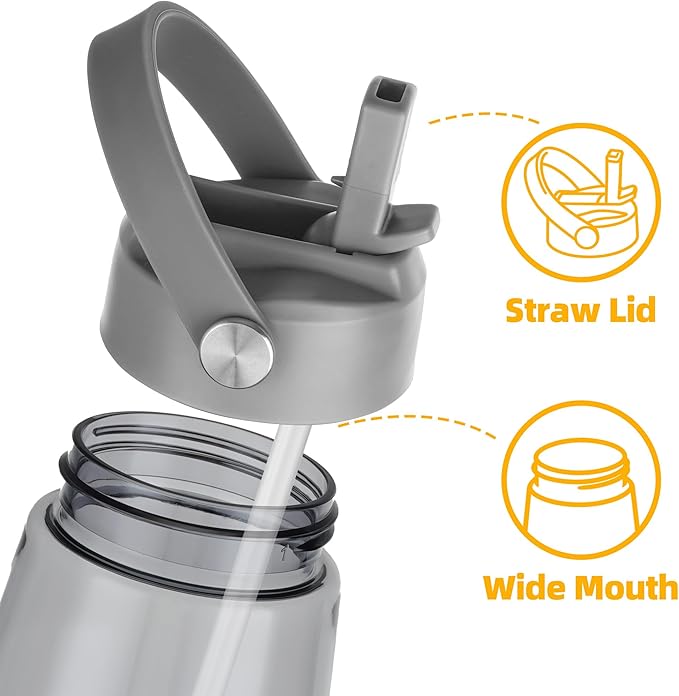 OLDLEY 32 oz Water Bottle with Straw, Leakproof Sports Water Bottle with Carry Strap, BPA-Free Large Water Bottles for Home,Travel, School, Outdoors, Gym, Tritan, Gray